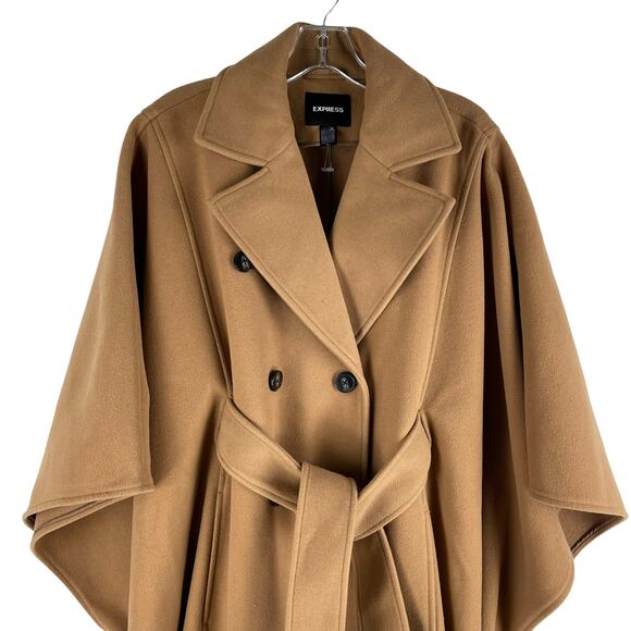 Express Fringe Belted Cape Poncho Coat Butterscotch Camel Size M/L - Picture 7 of 12